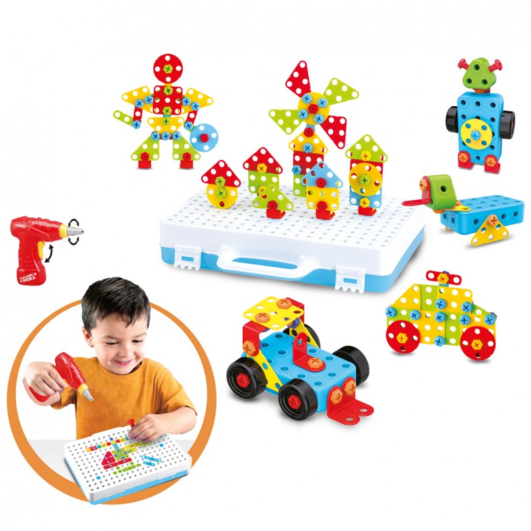 Tachan Set Assemblaggio Con Cacciavite Elettrico – 200 Pezzi, Valigetta Area Gioco, Costruzioni 2D E 3D Per Bambini +3 Anni