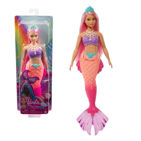 MUÑECA BARBIE SIRENA PELO ROSA CORONA...