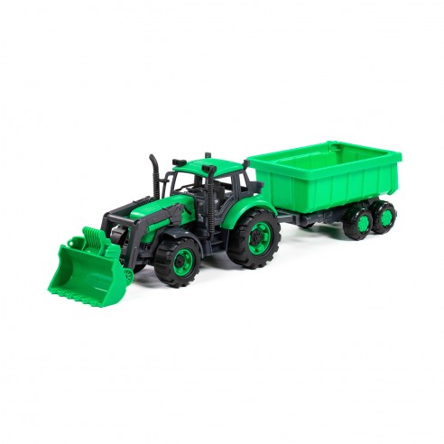 GREEN TRACTOR WITH SHOVEL AND TRAILER...