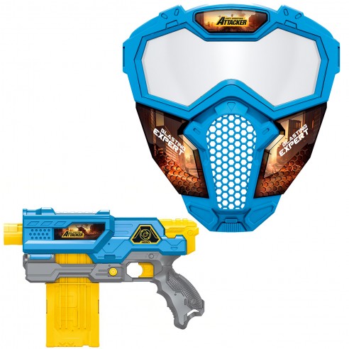 BLASTER GUN, MASK, AND 12 DARTS PACK...
